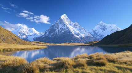 Snow-capped mountain reflecting in a tranquil lake