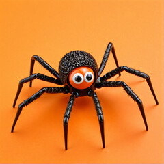 Fototapeta premium Close-Up of a Black Toy Spider on Bright Orange Background – Playful and Whimsical Stock Image
