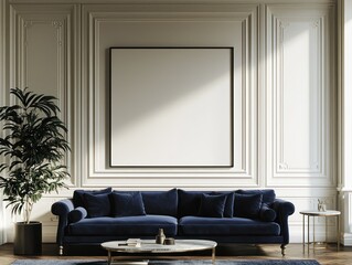 Large white frame and navy sofa in a 3D-rendered minimalist living room.