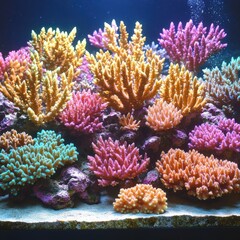Obraz premium Serene Coral Reef Underwater at Sunrise with Golden Sunset Reflection - Peaceful Marine Scene in Soft Morning Light