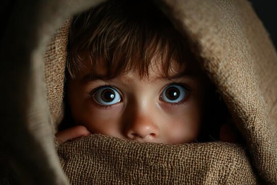 Childs fearful gaze under a blanket in a dimly lit room reveals the struggle with nyctophobia and anxiety