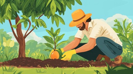 A person planting a young tree in a lush garden setting.