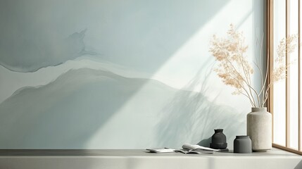 Smooth Pale Cerulean Wall with Minimalist Decor and Natural Elements