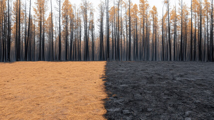 Obraz premium The image contrasts a burnt forest area on one side with a healthy forest on the other, highlighting the impact of wildfires on nature.