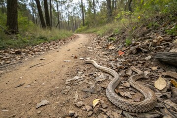 Obraz premium shedded snake skin on forest trail path. Hiking risk