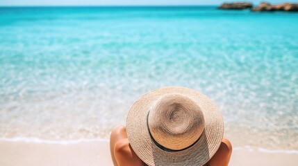 A person relaxing on the beach, wearing a straw hat, with a serene ocean view.