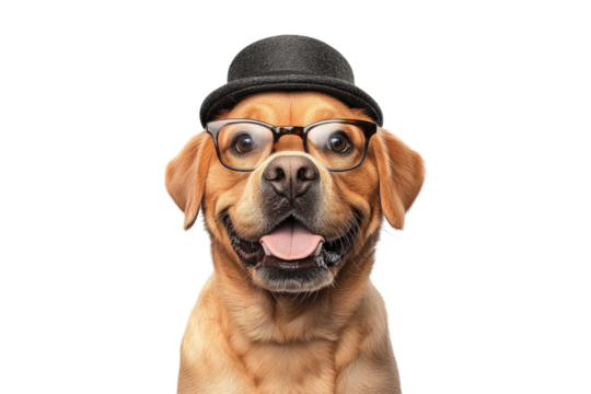 Bulldog wearing black hat and glasses tie isolated on white or transparent PNG