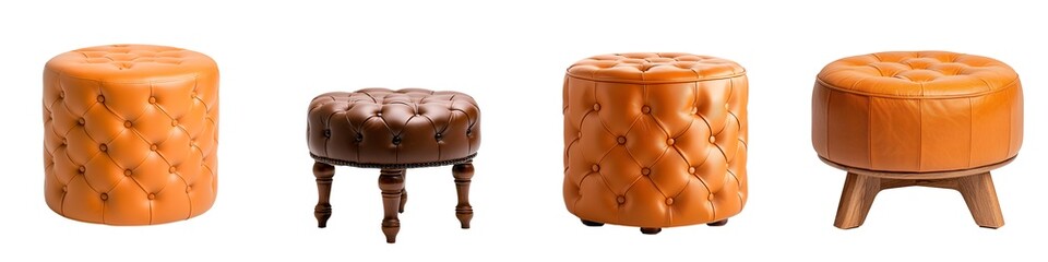 Obraz premium Furniture isolated collection. Four stylish upholstered stools in varying shapes and colors, showcasing a modern design aesthetic for furniture lovers.