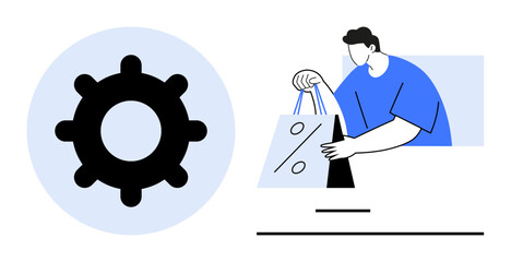 Man holding shopping bag displaying discount sign next to a gear wheel icon. Ideal for e-commerce, online shopping, retail marketing, product promotions, discount offers, business strategies