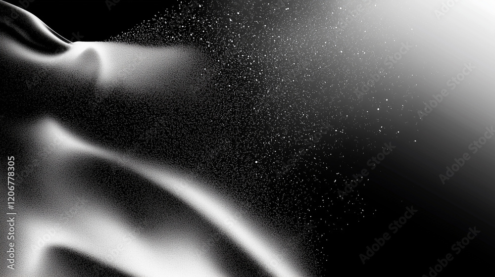 Leinwandbilder Abstract black and white gradient background with grainy texture and soft lighting, featuring curved lines, grain dust, powder particles, and floating effects for a dynamic and minimalistic artistic c