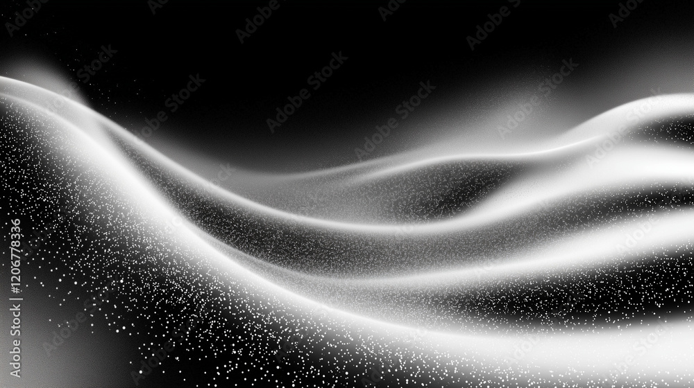 Leinwandbilder Abstract black and white gradient background with grainy texture and soft lighting, featuring curved lines, grain dust, powder particles, and floating effects for a dynamic and minimalistic artistic c