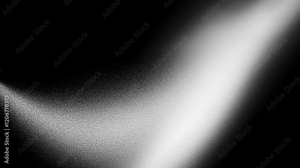 Poster Abstract black and white gradient background with grainy texture and soft lighting, featuring curved lines, grain dust, powder particles, and floating effects for a dynamic and minimalistic artistic c