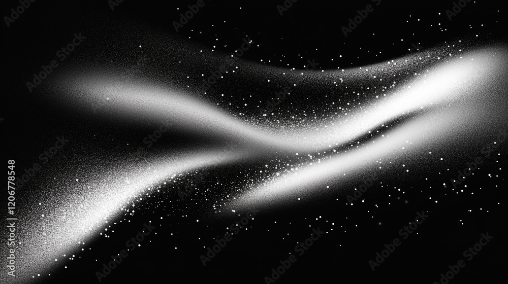 Aufkleber Abstract black and white gradient background with grainy texture and soft lighting, featuring curved lines, grain dust, powder particles, and floating effects for a dynamic and minimalistic artistic c