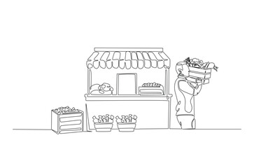 Farmer with vegetables beside market stall in continuous one line drawing. Local market concept in single line art illustration. Editable vector.