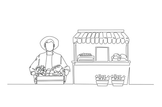 Naklejki Farmer with vegetables beside market stall in continuous one line drawing. Local market concept in single line art illustration. Editable vector.