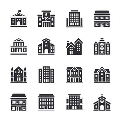 A collection of buildings in various styles, including a church, a school