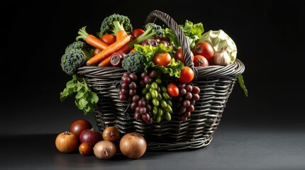 Original name(s): wicker basket overflowing with vibrant broccoli, carrots, tomatoes, lettuce, grapes, apples, onions, and cabbage. Chiaroscuro lighting 