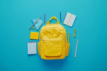 School supplies in yellow backpack on blue background. Back to school concept