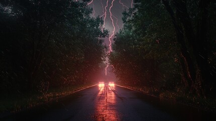 Obraz premium Stormy Night Drive: A Dramatic Road Through the Woods
