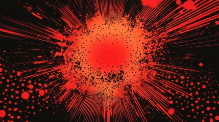 Vibrant red explosion halftone graphic with dynamic lines polka dots on black background