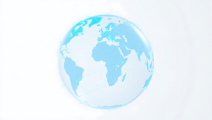 "3D rendering of a transparent globe with glowing blue network lines connecting across continents, placed on a solid white background. Represents global connectivity, technology, and international
