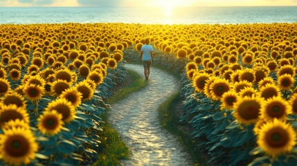 Obraz premium Serene Sunrise Stroll: Winding Path in Sunflower Field by Calm Seashore