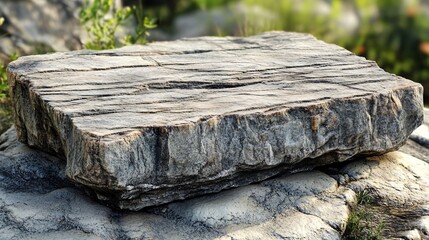 Fototapeta premium Close-up of a rustic wooden slab resting on a pile of natural stone outdoors. 