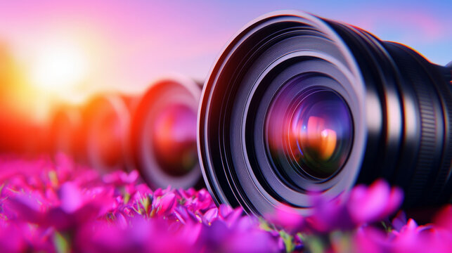 Captivating camera lenses arranged among vibrant flowers at sunset