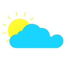 Bright yellow sun looks out and shines with rays behind a blue cloud on a white background.