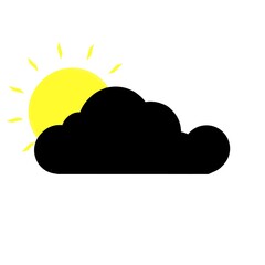 A yellow sun emerges from behind a black cloudy cloud and illuminates everything around with its rays. Isolated on a white background.