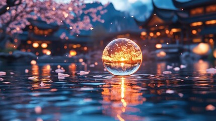 Chinese Paper Lantern Floating Serenely on Nighttime River