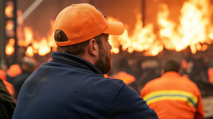 A firefighter observes a large blaze, showcasing the intensity of their work environment and the urgency of fire safety.
