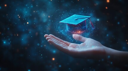 A hand holding a virtual education icon with a graduation cap