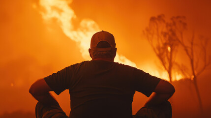 A person watches a raging fire, surrounded by smoke and destruction, highlighting the devastation of wildfires.