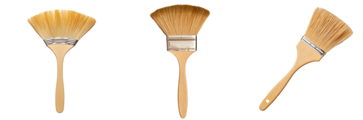 A set of wooden brushes with wide bristles, designed for sweeping or painting, showcasing different angles and styles.