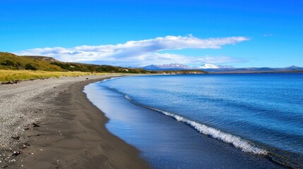 Serene lakeside beach landscape