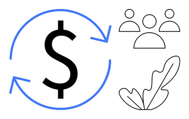 Dollar sign surrounded by blue circular arrows, next to three people icons and a leaf with black outlines. Ideal for sustainability, economy, business, growth, community, teamwork, nature abstract