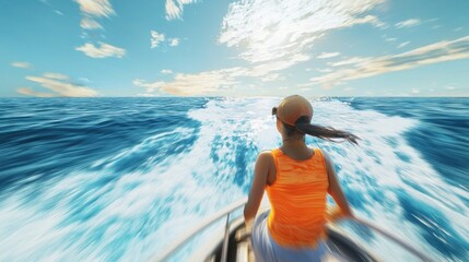 Fototapeta premium Ocean Speedboat Adventure: A Woman's Thrilling Journey Across the Vast Blue