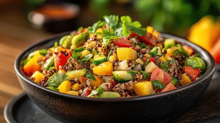 Vibrant vegetable quinoa salad kitchen food photography rustic setting close-up healthy eating concept