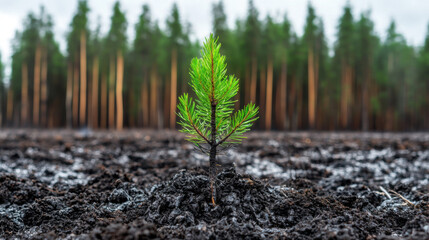 A vibrant sapling emerges from dark soil, surrounded by a blurred backdrop of tall trees, symbolizing growth and renewal in a forest setting.