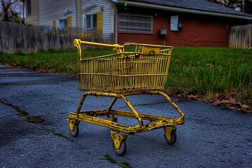 Abandoned Yellow Shopping Cart on a Deserted Street