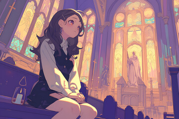A contemplative girl sits in a serene church, surrounded by stained glass and soft light, reflecting
