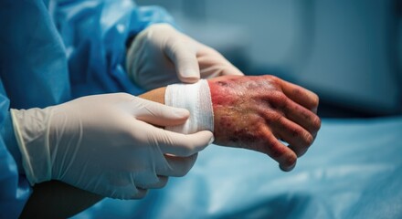 A nurse or medical professional bandages a severely burned hand, wearing protective gloves in a sterile environment with a focus on patient care.