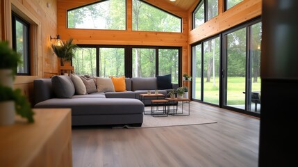 Fototapeta premium Cozy living room design modern home interior nature views bright environment open layout concept