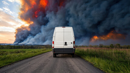 A white van is parked on a dirt road, facing a dramatic scene of smoke and flames from a wildfire against a sunset backdrop.