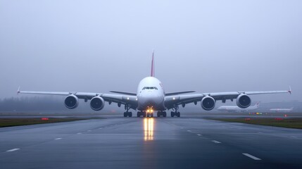 Obraz premium A large airplane taxis down a rain-soaked runway, surrounded by heavy fog, as dawn breaks, readying for departure in low visibility