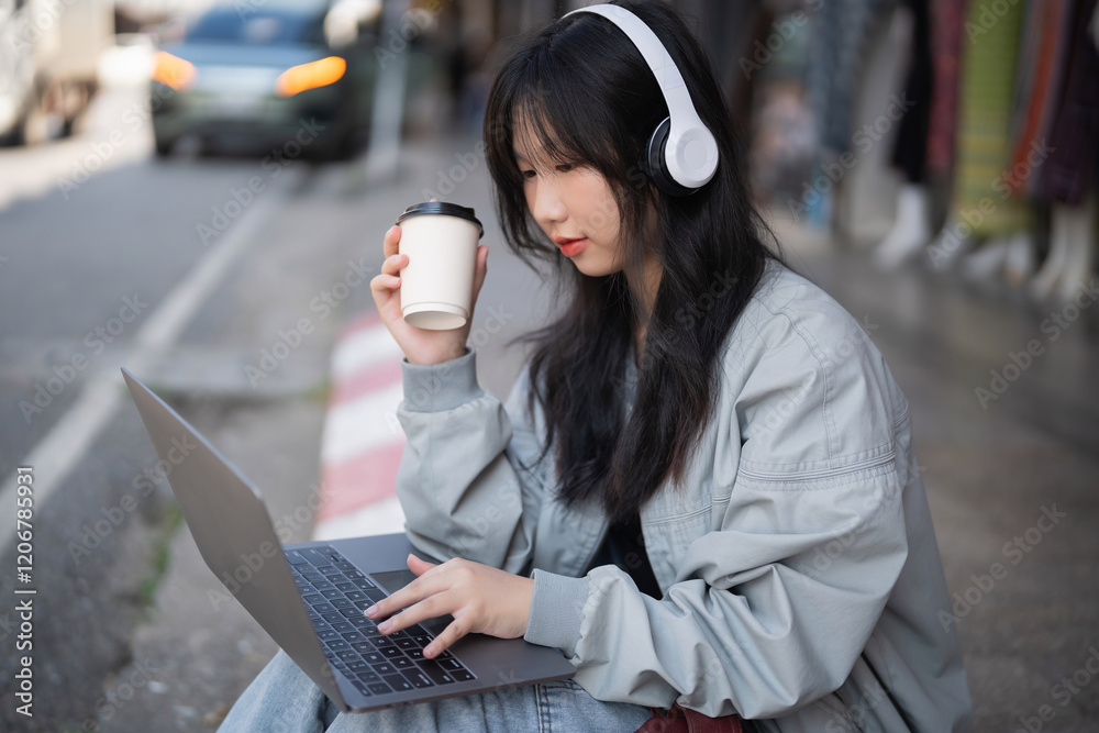 Wall mural Asian Young woman in casual outfit working on laptop outdoors while enjoying coffee and listening to music with headphones in urban environment