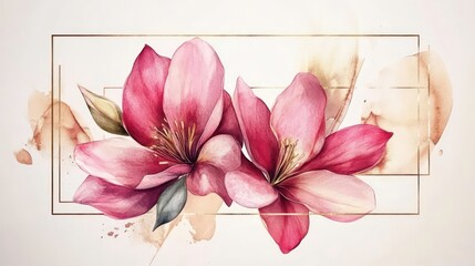 Watercolor square floral frame with golden geometric shape. Watercolor pink flower background with golden frame. Luxury minimal style wallpaper with golden line art flower frame for text