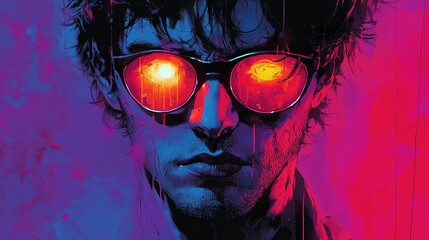 Man with glowing red glasses and neon colors