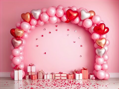 Romantic display with pink balloons and gifts perfect for Valentine's Day celebrations